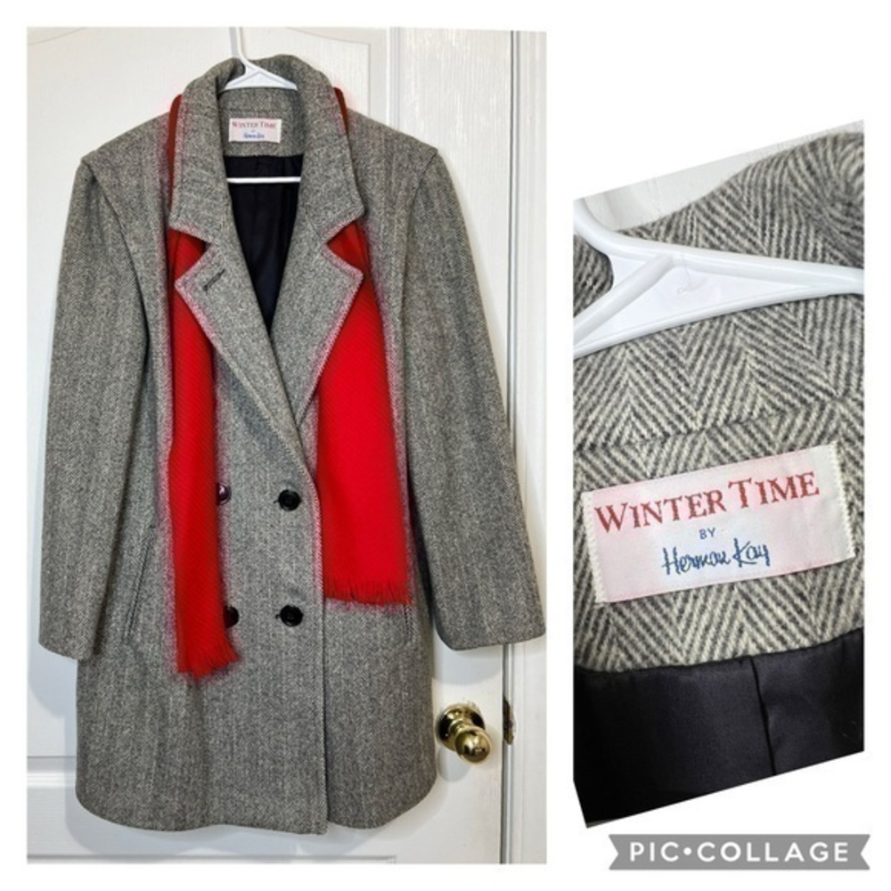 Herman Kay Vintage Pea Double Breasted With Red Scarf coat Size 18